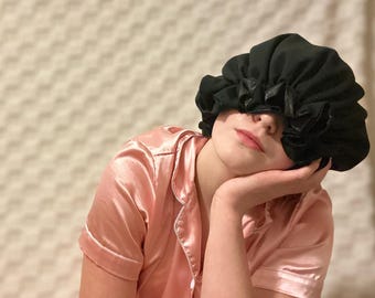 Black Silk Bonnet for Long Hair, Thick Curls, Frizz Reduction