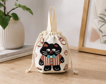 Polstasje met trekkoord in de vorm van een zwarte kat, mini-tas van canvas, accessoire voor kattenliefhebbers