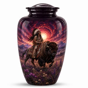Op de afbeelding: Een donkergekleurde urn met een gedetailleerde illustratie van een persoon in traditionele Indiaanse kleding met een verentooi die op een grote bizon door een veld met paarse bloemen rijdt onder een lucht bij zonsondergang.