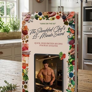 Può includere: Un libro di cucina intitolato "The Shredded Chef's 15-Minute Secret" con il testo "Quick, High-Protein Recipes for Busy Athletes". La copertina presenta una foto di un uomo che cucina ed è circondata da immagini di cibo. Il libro è su un tavolo di legno.