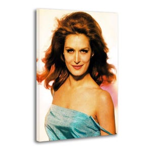 May include: A canvas print featuring a portrait of a woman with auburn hair and a blue strapless dress. The woman is smiling, and the image has a vintage aesthetic.