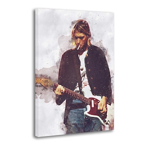 May include: A canvas print featuring a watercolor-style portrait of a musician with shoulder-length blonde hair, wearing a dark jacket over a white t-shirt, playing a white electric guitar while holding a cigarette between their lips.