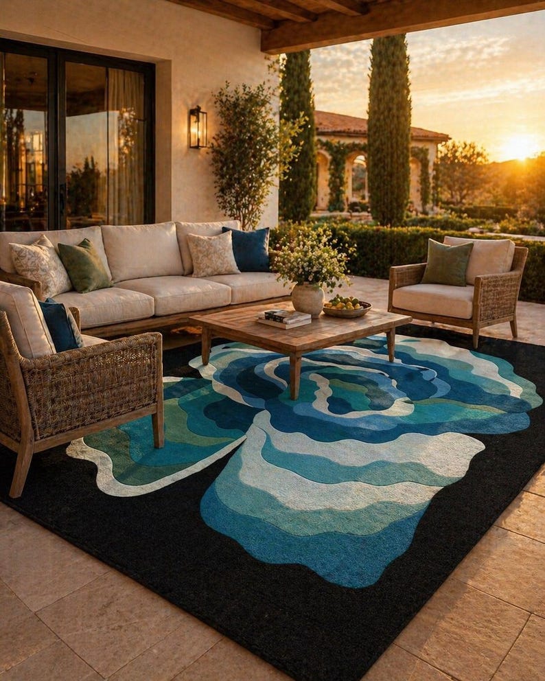 Hand Tufted Wool Floral Rug, Blue Abstract Flower Carpet, Modern Living ...