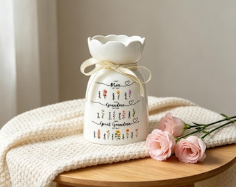 Jarrón de cerámica personalizado "Primero mamá, luego abuela, ahora bisabuela", jarrón de flores del mes de nacimiento, regalo de cumpleaños para el Día de la Madre para la abuela Nana.
