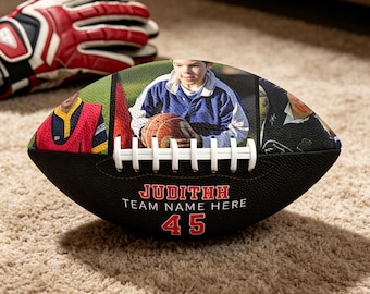 May include: A black American football featuring white laces and three photo panels showing people in sports gear. The black surface displays the red text JUDITHH, the white text TEAM NAME HERE, and the large red number 45 printed on the lower section.