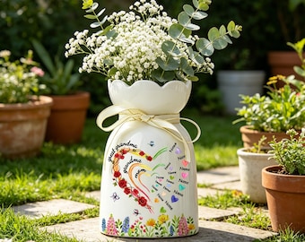 Jarrón de flores en forma de corazón personalizado para mamá, abuela y bisabuela con lazo, jarrón de cerámica con forma de corazón con nombres personalizados, regalo del Día de la Madre para la abuela.