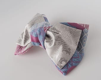 Silk Obi Ribbon Barrette – Silver & Light Blue with Pink, Asymmetrical Pattern, Vintage Kimono Hair Clip, Medium (approx. 20 cm)
