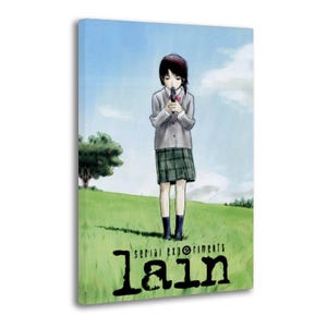 May include: A canvas print featuring an anime character with dark hair wearing a grey blazer and a green plaid skirt, standing in a grassy field under a blue sky. The character holds a small black object. The text serial experiments lain is visible.