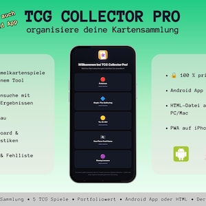 TCG Kartensammlung Manager • 5 Kartenspiele • Sammelkarten Organizer Digital • Deckbau • Preis-Tracker • Android App • HTML für PC und iOS