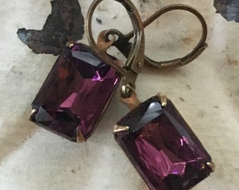 Vintage Amethyst Drop Earrings, Art Deco Rhinestone Dangles