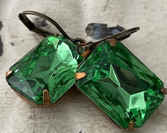 Vintage Green Peridot Earrings, Art Deco Rhinestone Lever Back