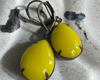 Yellow Dangle Earrings Vintage Yellow Opaque Earrings Bright Yellow Earrings Mustard Earrings Buttercup Teardrop Earrings Gift For Her