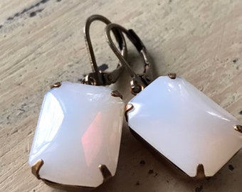Vintage Art Deco White Opal Glass Dangle Earrings