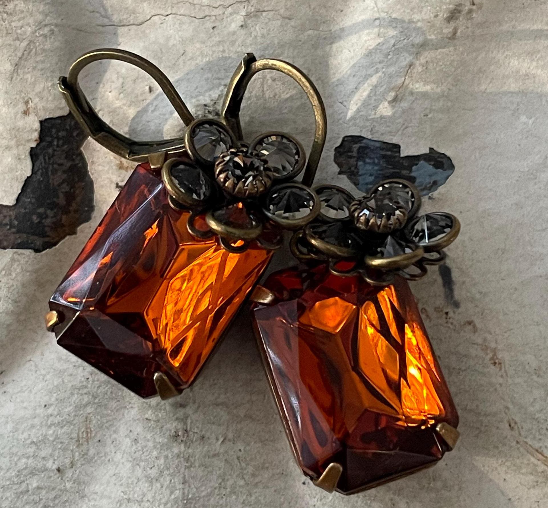 Vintage Madeira Topaz Dangle Earrings, Black Diamond Austrian Crystal Floral Art Deco