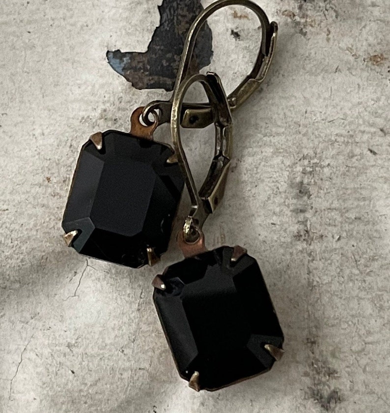 Black Dangle Earrings Vintage Crystal Jet Black Earrings Vintage Opaque Black Glass Stone Earrings Basic Black Earrings Gift For Her image 10