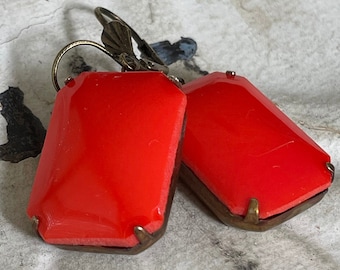 Vintage Opaque Coral Statement Earrings, Reddish Orange Art Deco