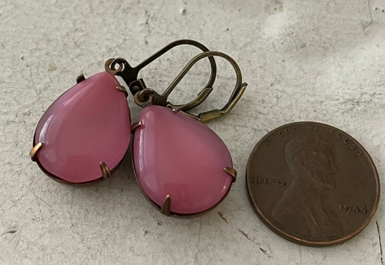 Pink Earrings Vintage Pink Moonstone Earrings Pink Opaque Earrings Rose Teardrop Earrings Mauve Dangle And Drop Earrings Gift For Her image 4