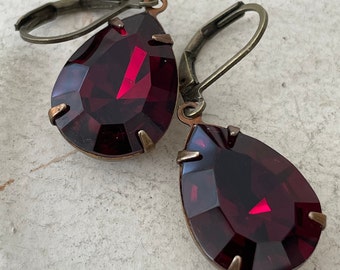 Garnet Earrings Vintage Garnet Teardrop Earrings Pear Shape Garnet Earrings Red Rhinestone Earrings January Birthstone Earrings Gift For Her