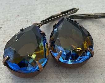 Rare Montana Blue Topaz Rhinestone Drop Earrings Vintage Translucent Blend Navy Blue+Topaz Teardrop Earrings September+November Birthstone