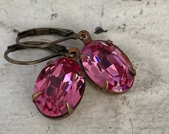 Pink Earrings Vintage Rose Earrings Pink Oval Dangle And Drop Rhinestone Earrings Pink Rhinestone Earrings Gift For Her