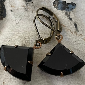 Black Earrings Vintage Black Opaque Fan Earrings Jet Black Triangle Earrings Noir Earrings  Art Deco Drop Earrings Gift For Her Free Ship