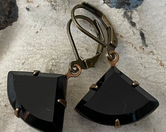 Vintage Black Opaque Glass Fan Earrings - Art Deco Noir Jewelry