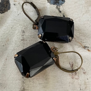 Black Earrings Vintage Noir Earrings Jet Black Dangle Opaque Earrings Art Deco Earrings Vintage Glass Stone Crow and Company Gift For Her