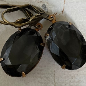 Black Diamond Dangle Earrings Vintage Black Diamond Translucent Oval Earrings Black Gray Green Neutral Rhinestone Earrings Griege Earrings image 6