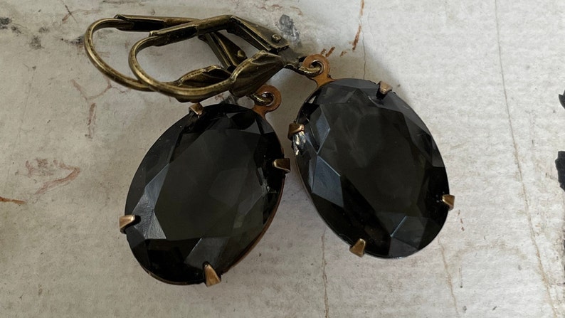 Black Diamond Dangle Earrings Vintage Black Diamond Translucent Oval Earrings Black Gray Green Neutral Rhinestone Earrings Griege Earrings image 6