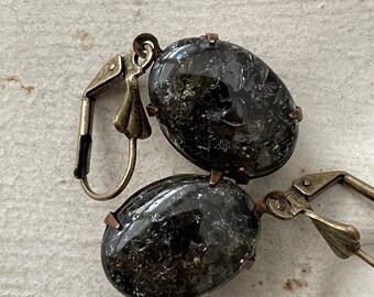 Charcoal Gray Earrings Vintage Charcoal Dangle Earrings Sparkle, Crackle, Smoke Gray, ANd Glittery Opaque Oval Glass Stone Gift For Her