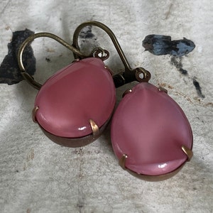 Pink Earrings Vintage Pink Moonstone Earrings Pink Opaque Earrings Rose Teardrop Earrings Mauve Dangle And Drop Earrings Gift For Her image 3
