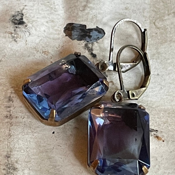 Amethyst+Sapphire Dangle Earrings Vintage Rare Translucent Rhinestone Blend February+September Birthstone Art Deco Gift For Her