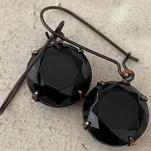 Black Earrings Black Round Opaque Earrings Large Jet Black Drop Earrings Noir Dangle Earrings Antique Brass Setting Gift For Her