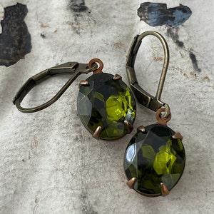 Olivine Dangle Earrings Moss Rhinestone Earrings Vintage Olivine Moss Green Earrings Olivine Oval Rhinestone Earrings Gift For Her