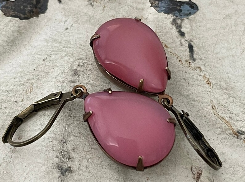 Pink Earrings Vintage Pink Moonstone Earrings Pink Opaque Earrings Rose Teardrop Earrings Mauve Dangle And Drop Earrings Gift For Her image 7