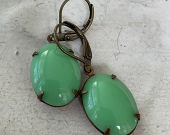 Vintage Green Earrings Vintage Jadeite Oval Drop Earrings Vintage Opaque Mint Green Earrings Gift For Her Gift For Girlfriend Free Shipping