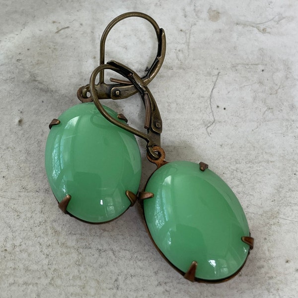 Vintage Green Earrings Vintage Jadeite Oval Drop Earrings Vintage Opaque Mint Green Earrings Gift For Her Gift For Girlfriend Free Shipping