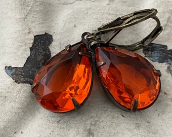Orange Earrings Orange Dangle Translucent Rhinestone Earrings Vintage Hyacinth Teardrop Earrings Gift For Her Gift For Girlfriend