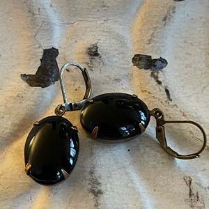 Black Earrings Noir Dangle Earrings Vintage Opaque Black Oval Earrings Vintage Smooth Top Glass Stone Gift For Her Gift For Girlfriend image 7