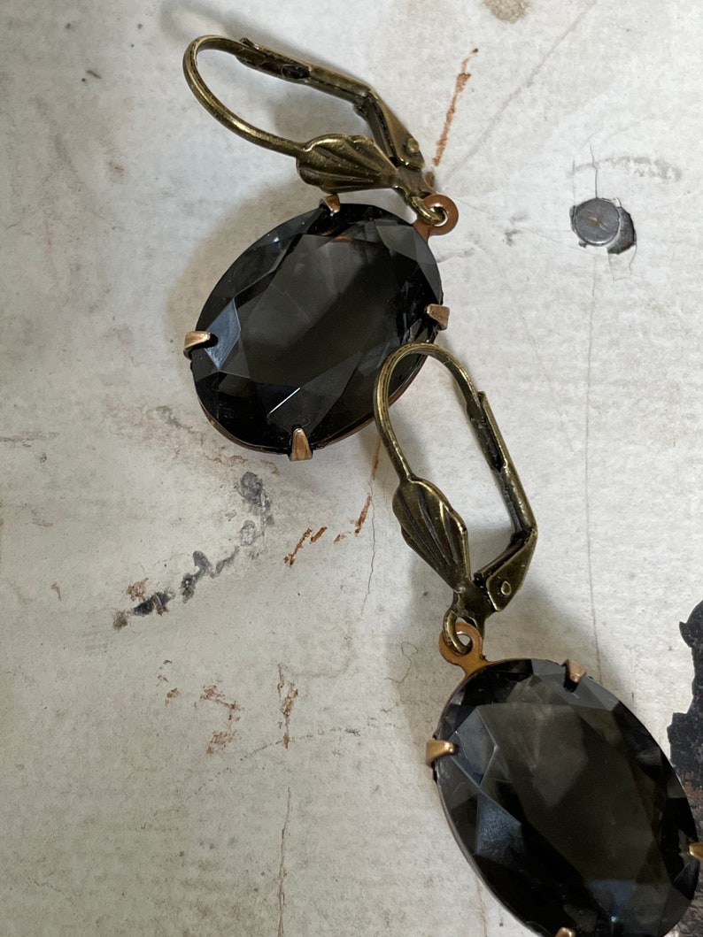 Black Diamond Dangle Earrings Vintage Black Diamond Translucent Oval Earrings Black Gray Green Neutral Rhinestone Earrings Griege Earrings image 9