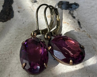 Amethyst Earrings Vintage Amethyst Translucent Dangle Earrings Vintage Purple Oval Earrings February Birthstone Earrings Gift For Her