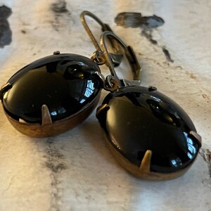 Black Earrings Noir Dangle Earrings Vintage Opaque Black Oval Earrings Vintage Smooth Top Glass Stone Gift For Her Gift For Girlfriend image 6