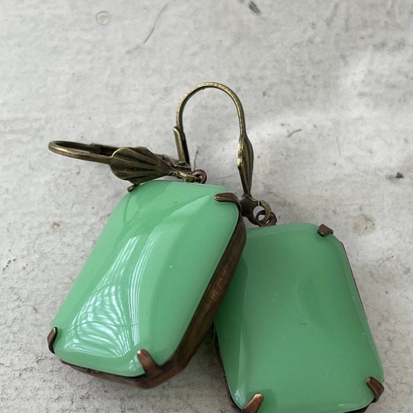 Green Statement Earrings Vintage Opaque Jadeite Earrings Large Mint Green Earrings Gift For Her  Under 30 Free Ship