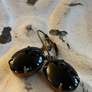 Black Earrings Noir Dangle Earrings Vintage Opaque Black Oval Earrings Vintage Smooth Top Glass Stone Gift For Her Gift For Girlfriend image 3