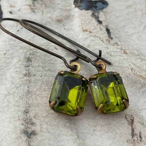 Vintage Olivine Rhinestone Dangle Earrings: Spring Green Jewelry