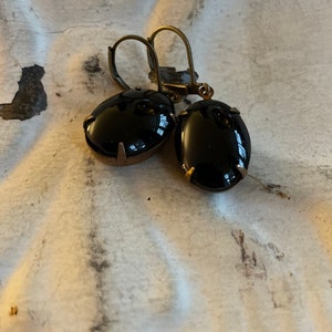 Black Earrings Noir Dangle Earrings Vintage Opaque Black Oval Earrings Vintage Smooth Top Glass Stone Gift For Her Gift For Girlfriend image 5