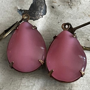 Pink Earrings Vintage Pink Moonstone Earrings Pink Opaque Earrings Rose Teardrop Earrings Mauve Dangle And Drop Earrings Gift For Her image 6