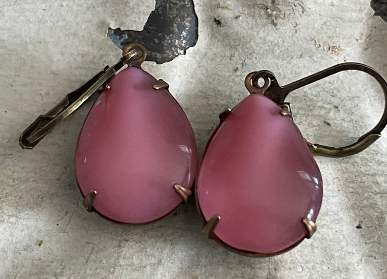 Pink Earrings Vintage Pink Moonstone Earrings Pink Opaque Earrings Rose Teardrop Earrings Mauve Dangle And Drop Earrings Gift For Her image 6