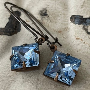 Blue Rhinestone Earrings Vintage Crystal Lavendel Light Blue Dangle Rhinestone Earrings Crystal Blue Princess Cut Earrings Gift For Her image 1