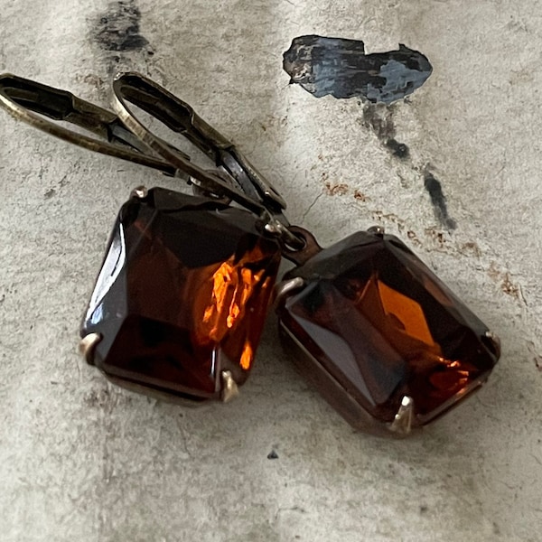 Vintage Smoky Topaz Dangle Earrings, Bronze Rhinestone Jewelry
